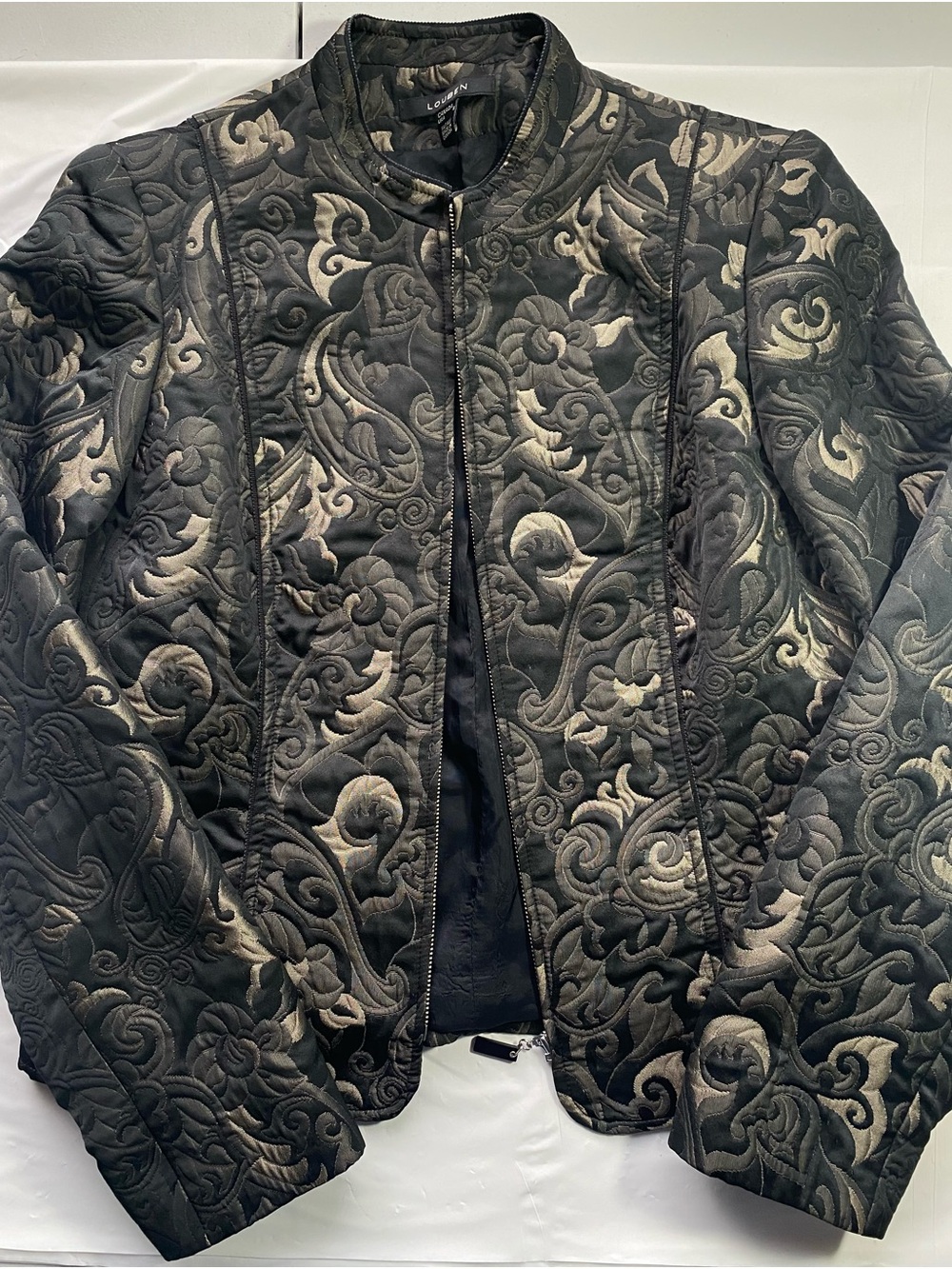 Vtg Louben Canada Quilted Paisley Brocade Jacket Metallic Gold Black Sz 8